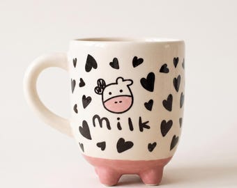 Cow Milk Ceramic Mug, Handmade 3D Footed Coffee Cup, Cute Heart Print Kitchen