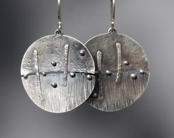 Disc Earrings, Silver, Textured, Oxidized