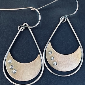 Hoop, Crescent, Earrings, Teardrop, Silver, Patined Bronze