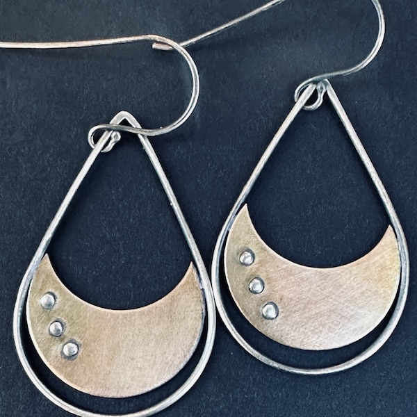 Hoop, Crescent, Earrings, Teardrop, Silver, Patined Bronze