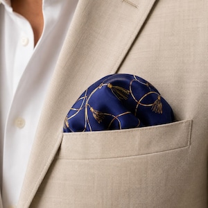 Royal Blue Silk Pocket Square | Gold Equestrian Reins Pattern Handkerchief