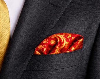 Regalo per il padre della sposa / Fazzoletto da taschino in seta barocca rosso e oro per uomo / Fazzoletto da matrimonio