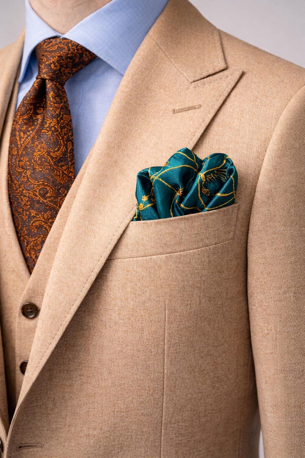 Groomsmen Gift Pocket Square Teal & Gold Equestrian Rope Silk Handkerchief for Men Wedding