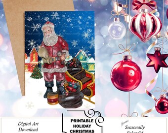 Peut inclure: Une carte de vœux de Noël représentant un Père Noël de style vintage en costume rouge tenant un parchemin, debout à côté d'un traîneau rempli de jouets et d'un sac de cadeaux sur un fond bleu foncé avec des flocons de neige et une maison.