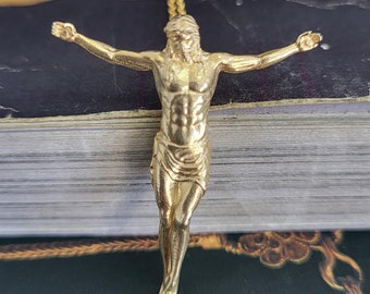 Gold Handcrafted Jesus Christ Crucifix Statement Pendant: Christian Jewelry