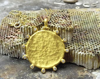24k Gold Hittite Sun Disc Pendant, Ancient Hammered Design, Anatolian Jewelry