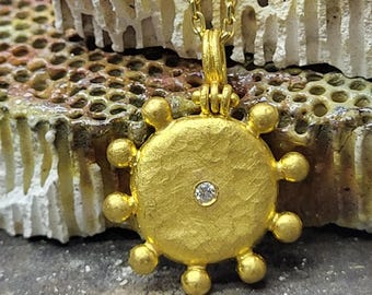24k Gold Hittite Sun Pendant with Diamond, Hammered Ancient Artisan Jewelry