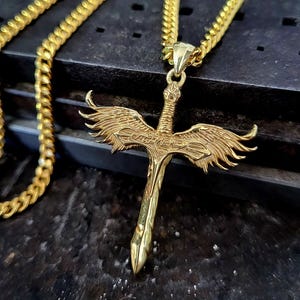 Artisanal Gold Winged Sword of Michael Necklace, 8k 10k 14k 18k Gold Jewelry image 1
