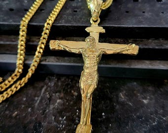 Gold Handcrafted Crucifixion of Christ Statement Pendant: Religious Christian Necklace
