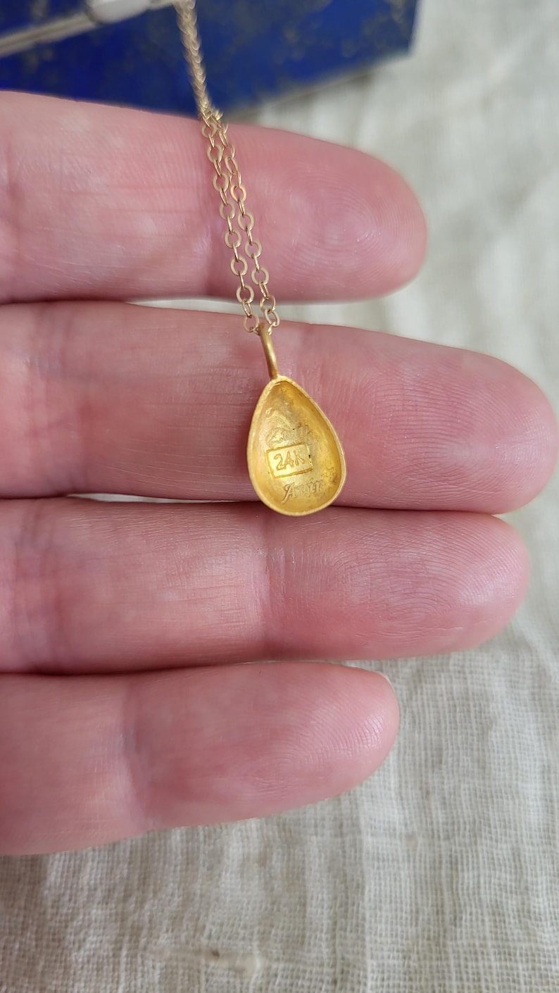 24k Gold Teardrop Pendant, Handmade Hammered Gold Jewelry image 8