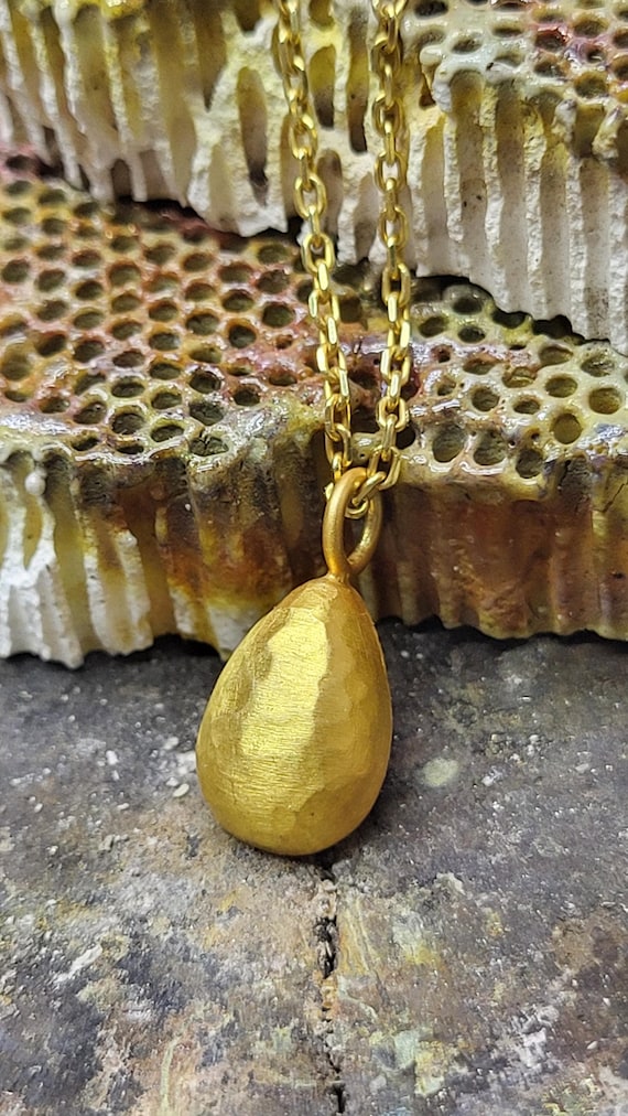 24k Gold Teardrop Pendant, Handmade Hammered Gold Jewelry