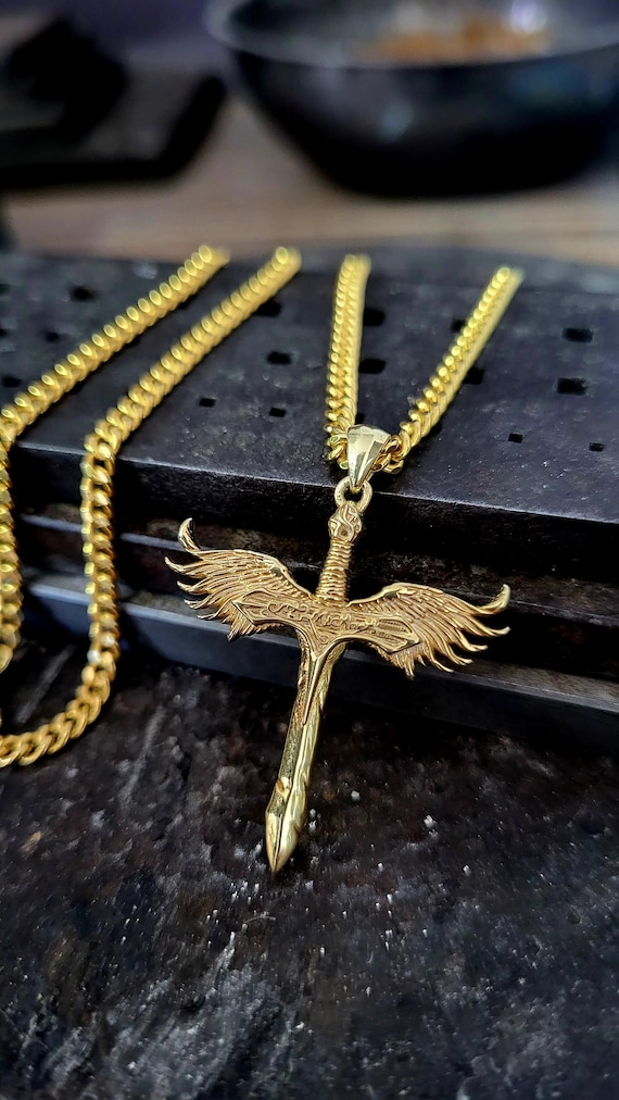 Artisanal Gold Winged Sword of Michael Necklace, 8k 10k 14k 18k Gold Jewelry