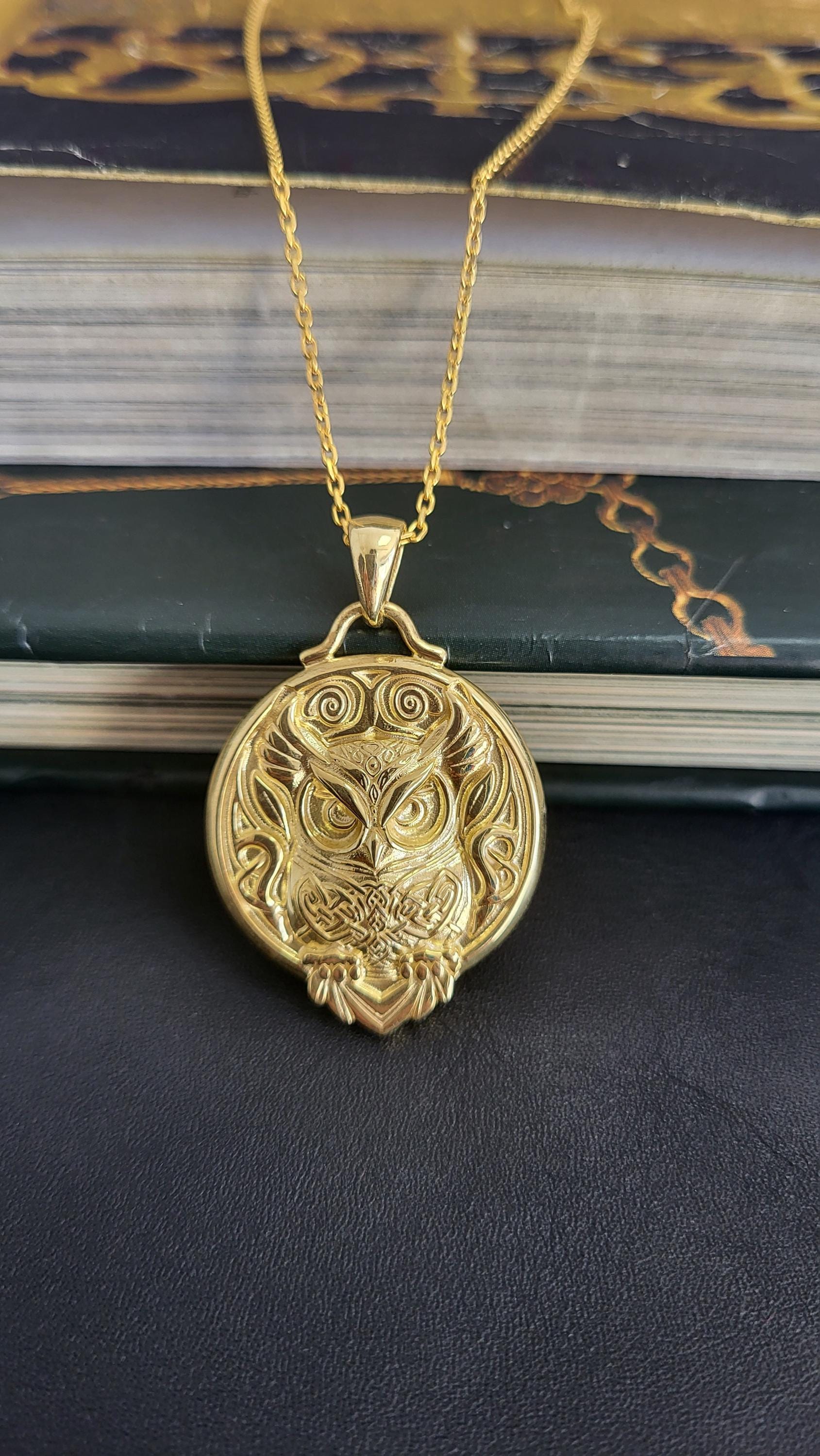 Celtic Owl Gold Pendant, Bas Relief Mythology Medallion