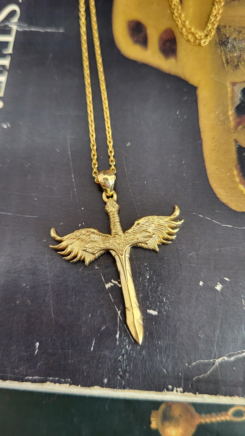 Artisanal Gold Winged Sword of Michael Necklace, 8k 10k 14k 18k Gold Jewelry image 11