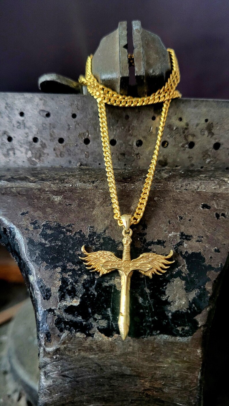 Artisanal Gold Winged Sword of Michael Necklace, 8k 10k 14k 18k Gold Jewelry image 5