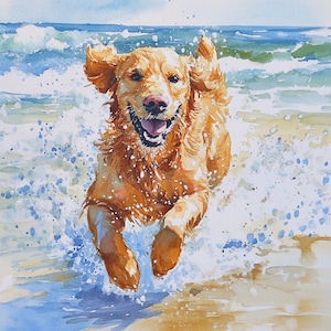 Golden Retriever at the beach digital download art, 5 downloadable sizes,Golden Retriever art, Golden Retriever lover, Golden Retriever gift