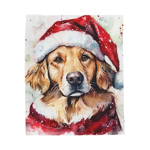 Velveteen Christmas Golden Retriever Santa Hat Plush blanket, Holiday Lap Fleece Cover, Cozy Xmas Home Decor, Winter Dog Lover Gift