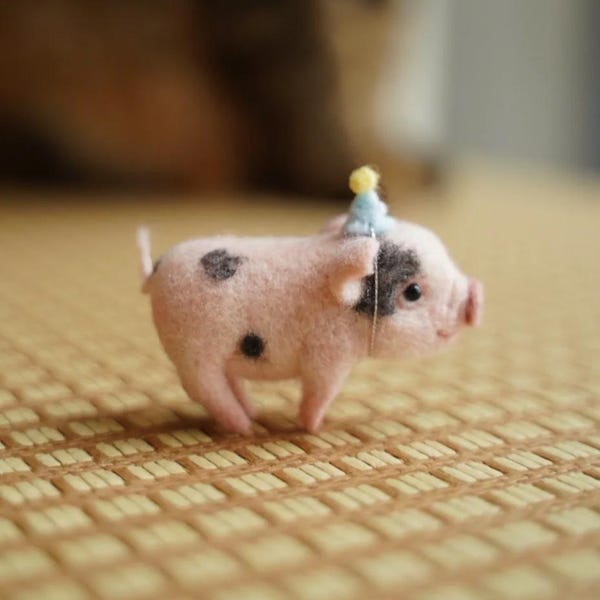 Needle Felted Pig Sculpture • 3" Mini Animal Decor