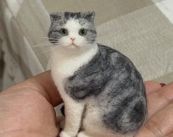 Escultura personalizada de gato em feltro agulhado, estatueta realista de lã, memorial para animais de estimação.