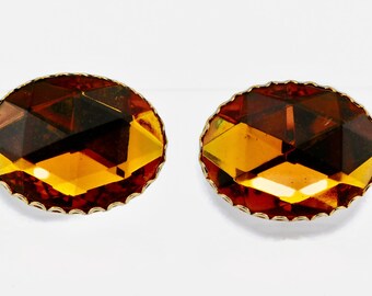 Vintage Large Topaz Color Oval Faceted Glass Cuff Links.