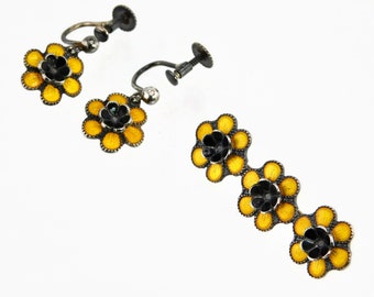 Vintage Meka Sterling Denmark Enamel Flower Brooch and Earrings Set