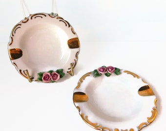 Vintage DRESDEN Germany Bone China with Pink Roses and Gold Ashtrays. Set of 2. Dresden Germany
