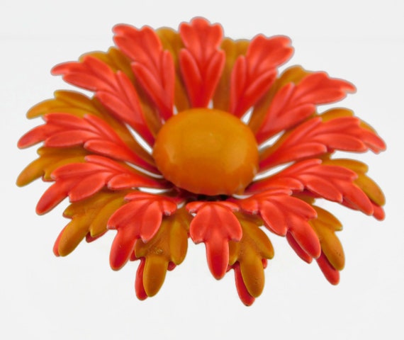 1960s Orange and Yellow Enameled Flower Brooch - image 3