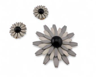 1960s Enameled Flower Brooch and Clip-on Earrings Set. Flower Power