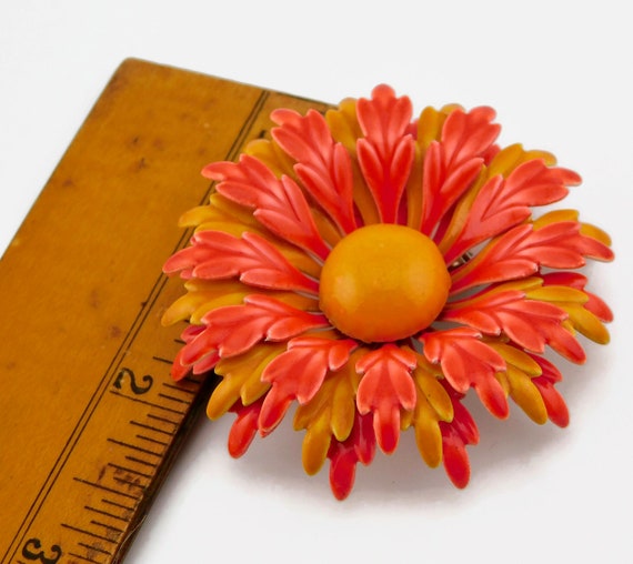 1960s Orange and Yellow Enameled Flower Brooch - image 8