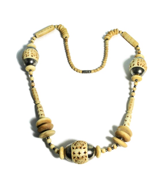 1980s Carved Ox Bone Tribal  Necklace.