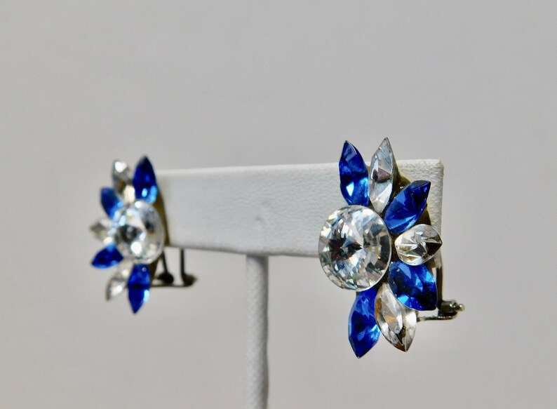 1980s Blue and Clear Rhinestones Wendy Gell Style Pierced Clip Earrings. image 3