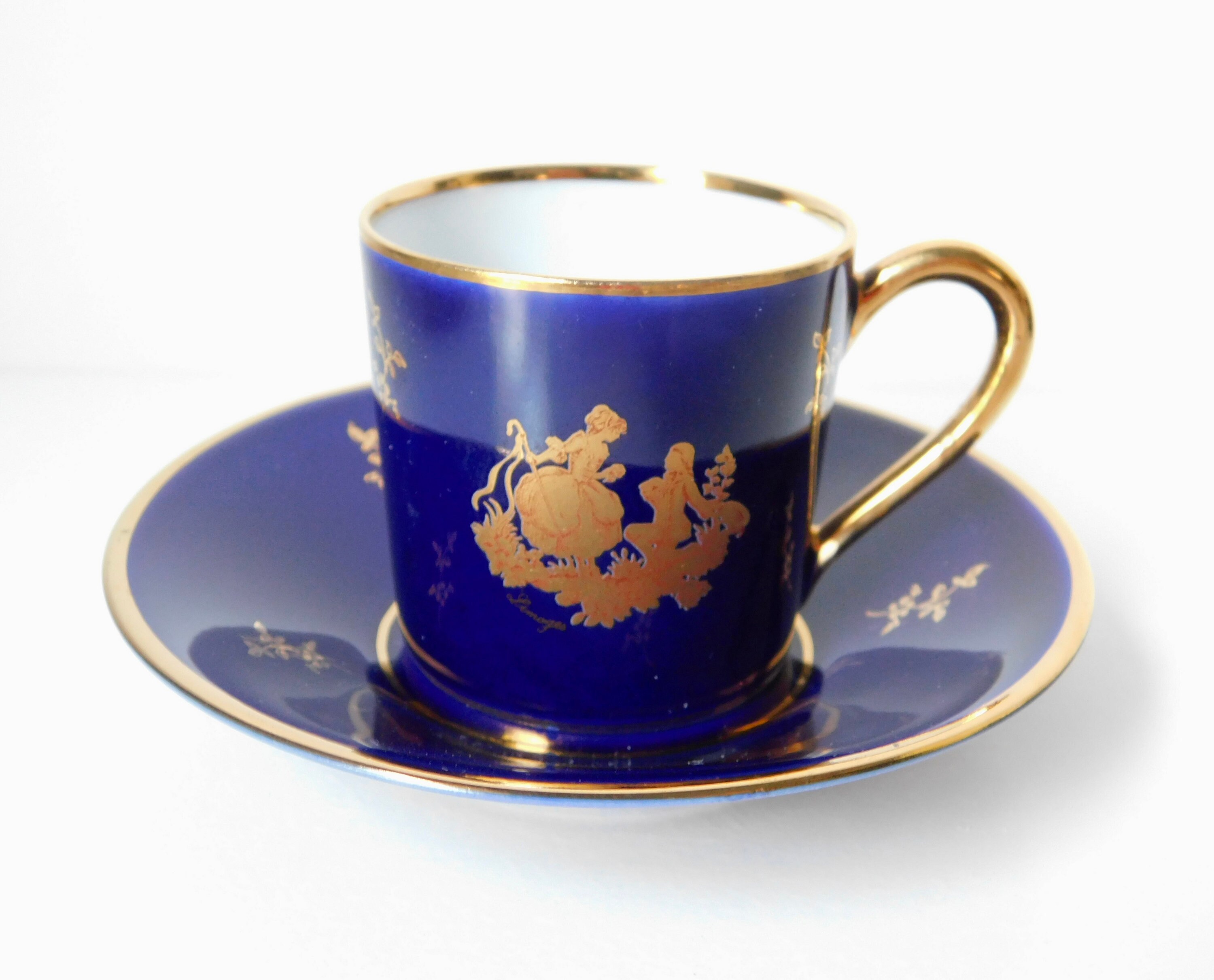 Vintage LIMOGES Cobalt Blue and Gold Fragonard Demitasse Cup and