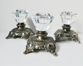 Vintage Ornate Metal with Glass Candlestick Holder set of 3