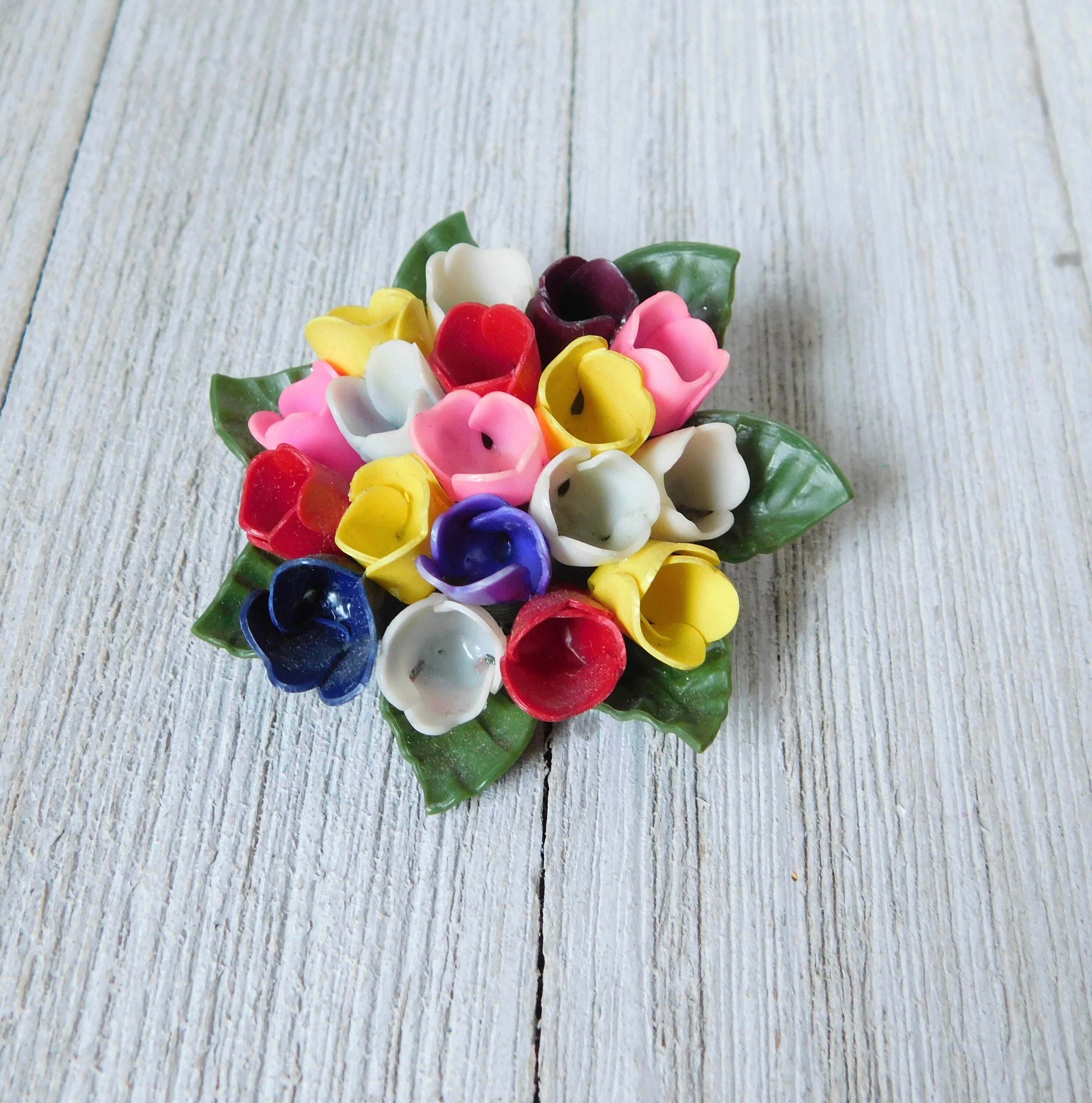 1960’s　green×black flower plastic　brooch ys31 Vintage 1960 S Green Black Flower Motif Plastic Brooch