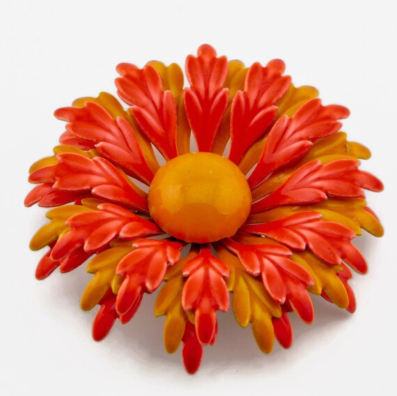 1960s Orange and Yellow Enameled Flower Brooch - image 2