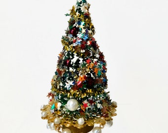 Vintage Doll House Christmas Tree with Pearls and Stars.