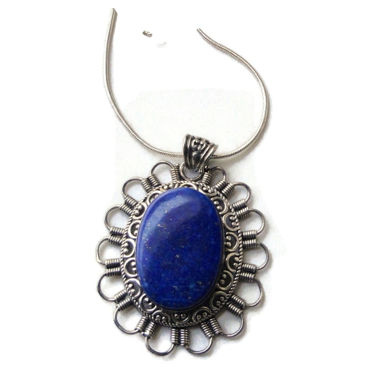 Vintage Ornate 925 S. Silver with Large Oval Lapis Lazuli Pendant with snake Chain. image 2