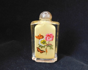 Vintage Chinese  Snuff Bottle Painting. Reverse Painted Butterflies, Flowers, Caterpillars.