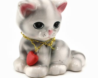 Vintage Gray Tabby Cat Figurine. Sitting Kitty Figurine. Bone China