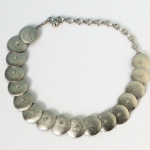 Vintage Brushed Silver tone metal Circles with Clear Rhinestones Choker Necklace.