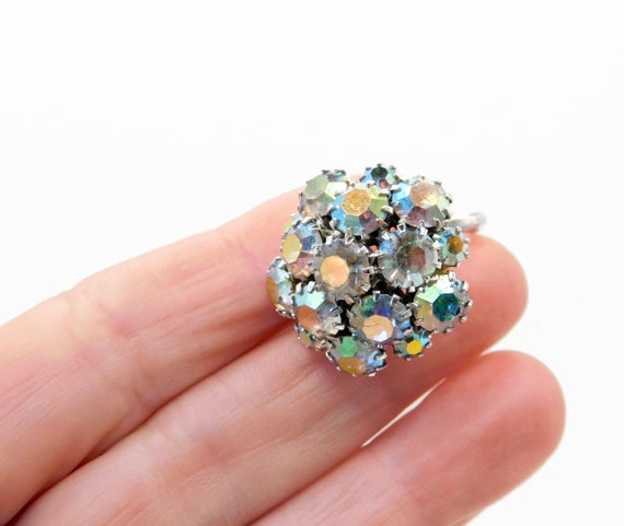 Vintage SARAH COVENTRY Clear AB Rhinestones Cluster Cocktail Ring.  Adjustable 