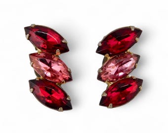 Vintage  Gold tone  with Red and Pink Marquise Rhinestones Earrings. Mid century Earrings.