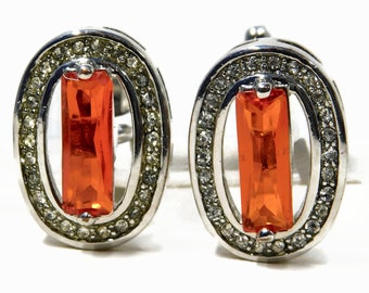 Silver tone  Rectangular Orange Faceted Glass and Clear Rhinestones Oval Cuff lLnks