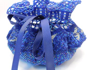 Vintage Blue Beaded Pouch Bag
