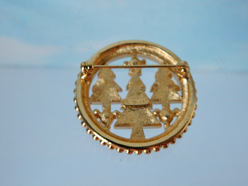 MONET Christmas Trees with Rhinestones Circle BroochPin.