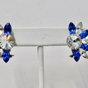 1980s Blue and Clear Rhinestones Wendy Gell Style Pierced Clip Earrings. image 2