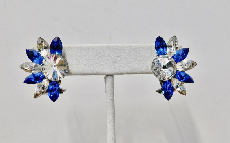 1980s Blue and Clear Rhinestones Wendy Gell Style Pierced Clip Earrings. image 2