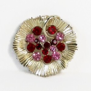 Vintage Gold Tone With Red and Pink Rhinestones Brooch. Rhinestones Pin