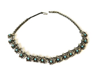 Vintage Silver tone Flowers with Turquoise Blue Beads  and Faux Pearls Choker Necklace.