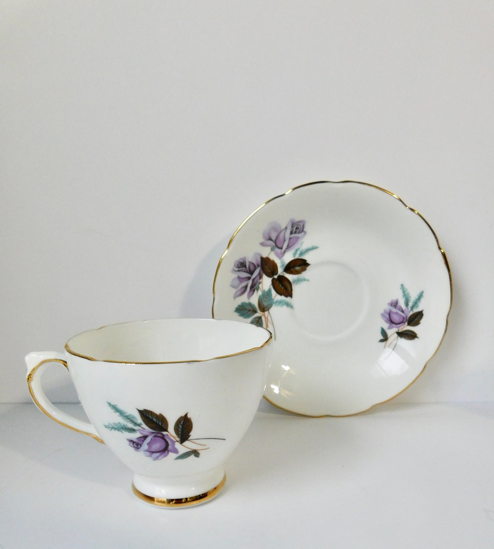 Vintage DELPHINE Bone China Purple Roses Teacup and Saucer. Etsy